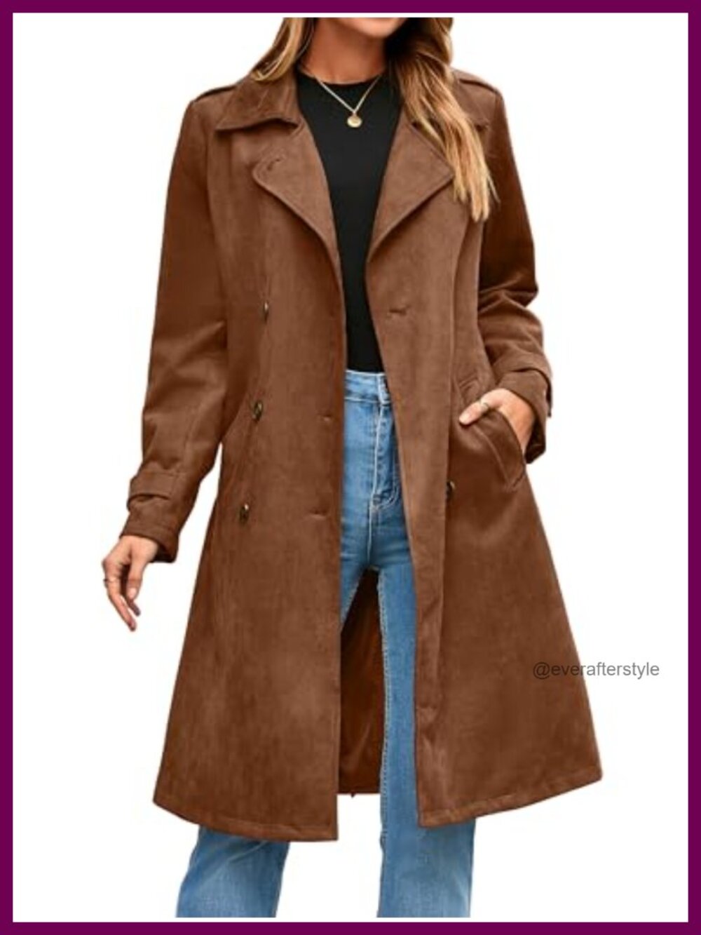 Faux Suede Trench Coat Double Breasted Belted Long Work Office Overcoat